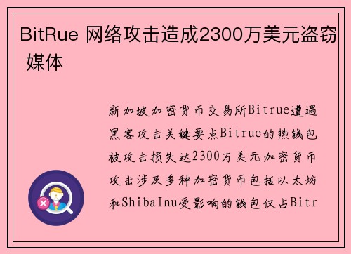 BitRue 网络攻击造成2300万美元盗窃 媒体